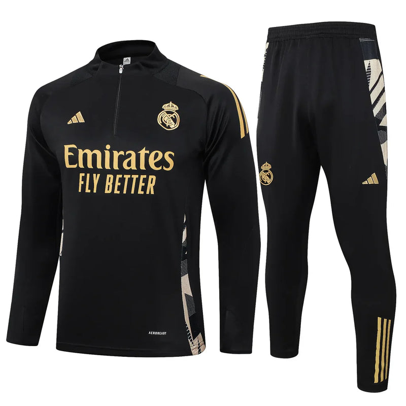 Conjunto Real Madrid Zíper Curto Treino Preto e Dourado